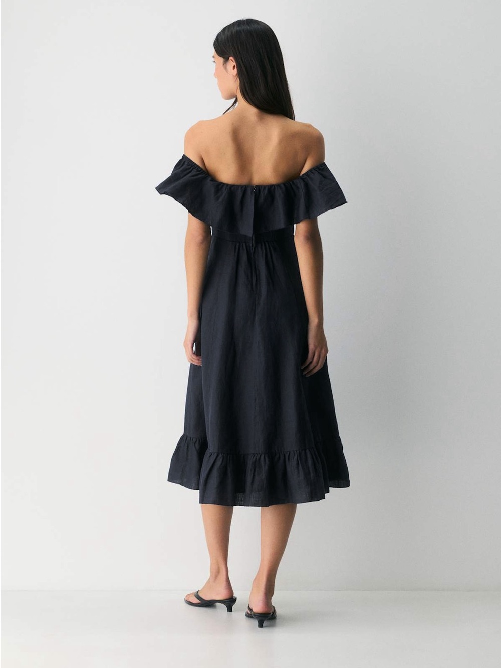 Wilfred Marmion Linen Dress Black Off Shoulder Ruffle Midi Size 4 Aritzia - Picture 5 of 12
